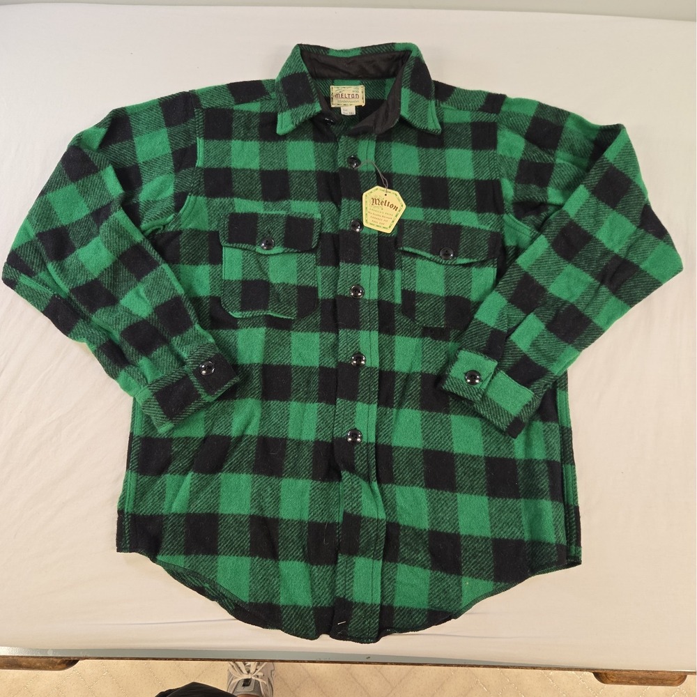 Vintage Melton Wintermaster 100% Wool Flannel Mens 15 1/2 Large Green Black NWT